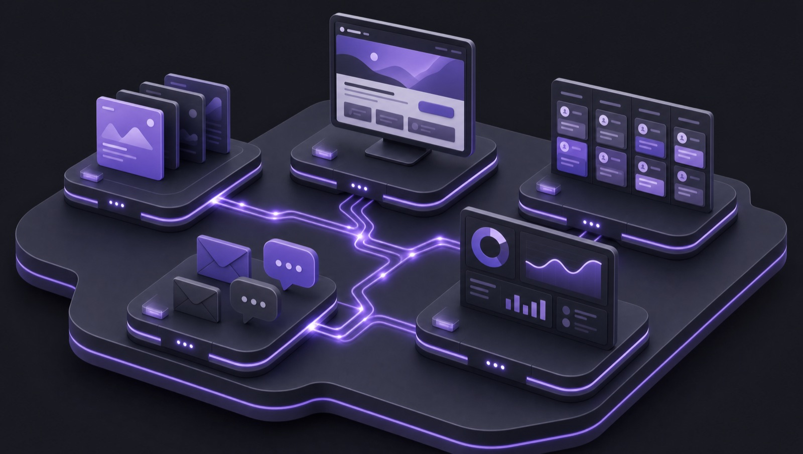 Ilustración: pauta, landing, CRM, outreach y medición conectados en una sola plataforma